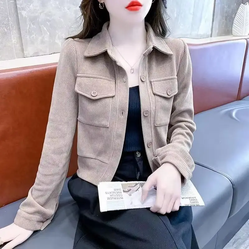 

Fashion Design Sense Corduroy Short Shirt Women's 2026 Autumn New Versatile Single Breasted Casual Jacket Female Shirt Coat Top