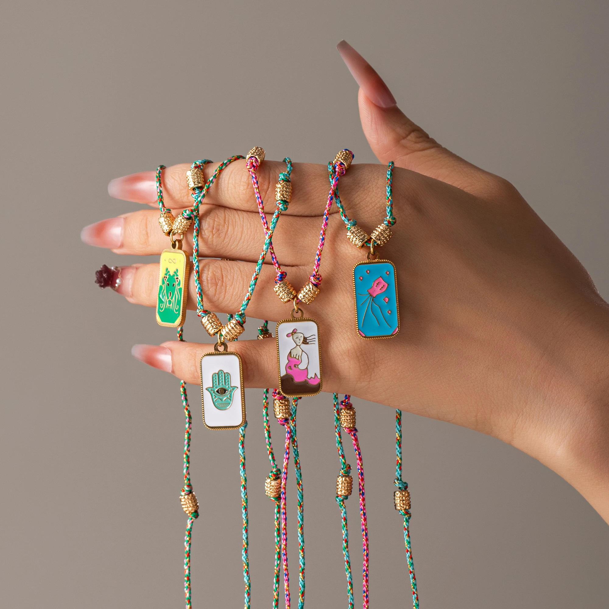 

Stainless steel necklace, colorful drip oil tarot card, Bohemian rope, handmade knotted jewelry for women