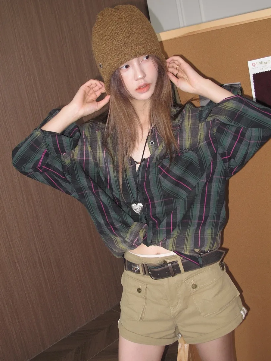 

Женская клетчатая рубашка Zhou Tong, свободного кроя, с длинным рукавом, новая модель для ранней осени, с цветовыми блоками, повседневная, из чистого хлопка