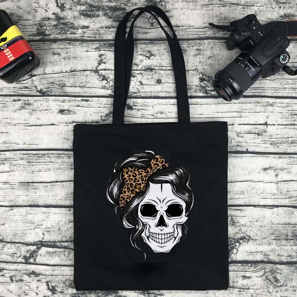 Skull Print 2022 Ladies Handbag Cloth Canvas Tote Black Shopping Travel Women Eco Reusable Shoulder Shopper Student Shopping Bag