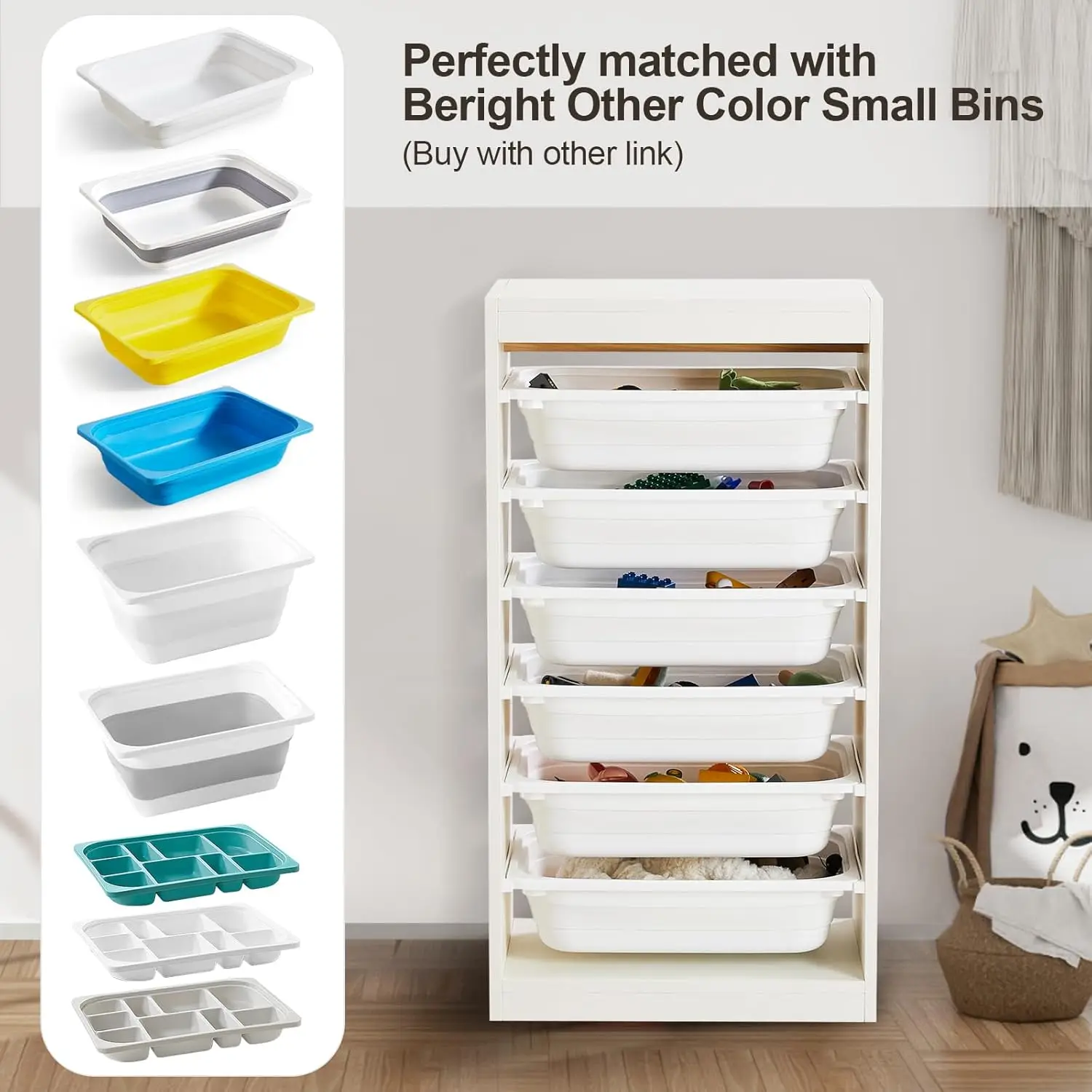Multipurpose Toy & Book Storage Cabinet with 6 Large Bins, White - Collapsible and Easy to Assemble