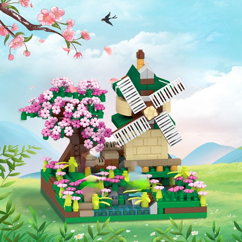 Sakura Windmill House Building Blocks Diamond Bricks Fishman Hut Street View Model Toys Micro Blocks Toys for Boys Girls Gifts