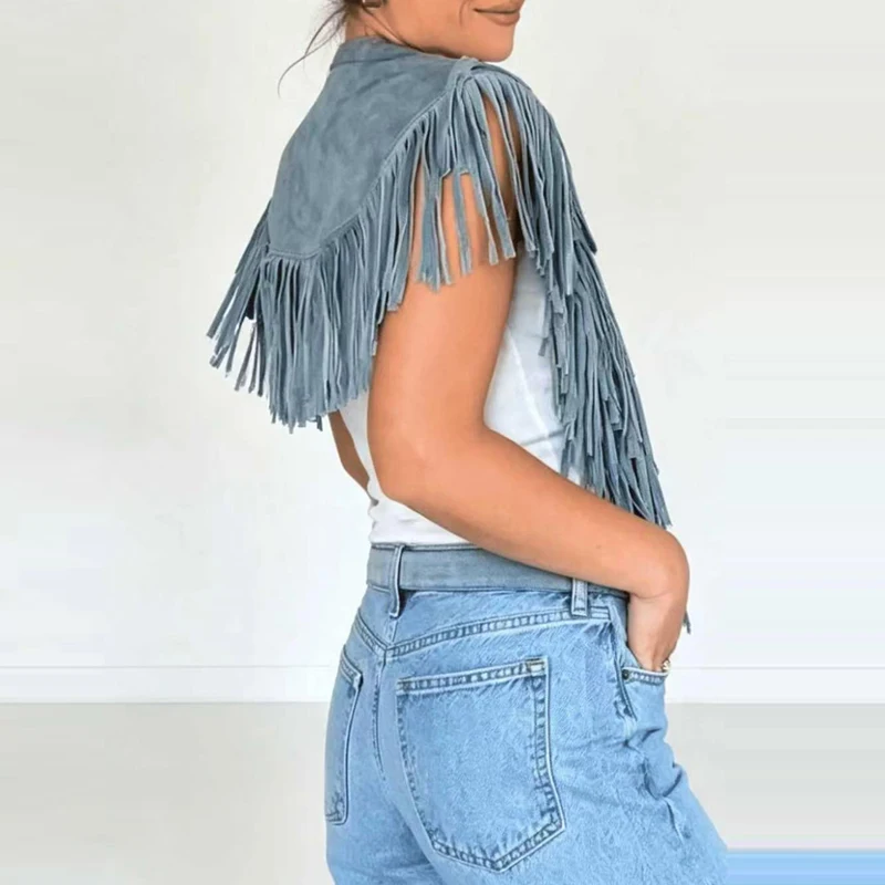 2026 Trendy Solid Buttonless Backless Tees Autumn Retro Suede Long Sleeved Office Commuting Veat Chic Tassel Patchwork Loose Top