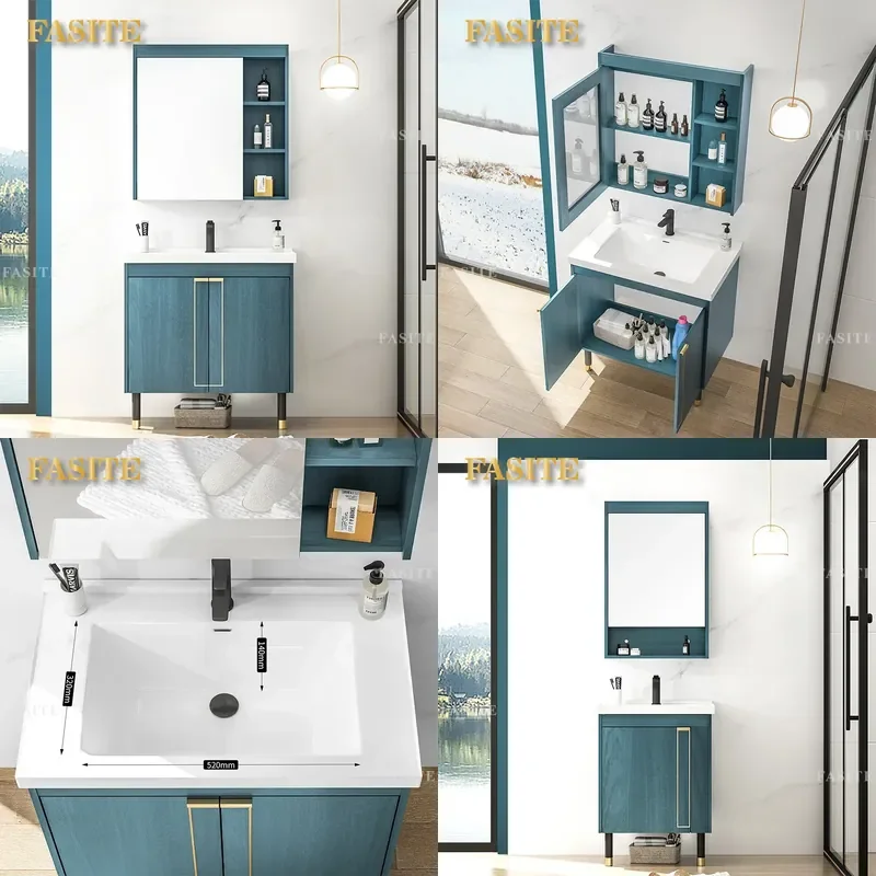 Bathroom Cabinet Combination Light Luxury Sea Blue Modern Vanity Unit with Sink Storage Waterproof Wall