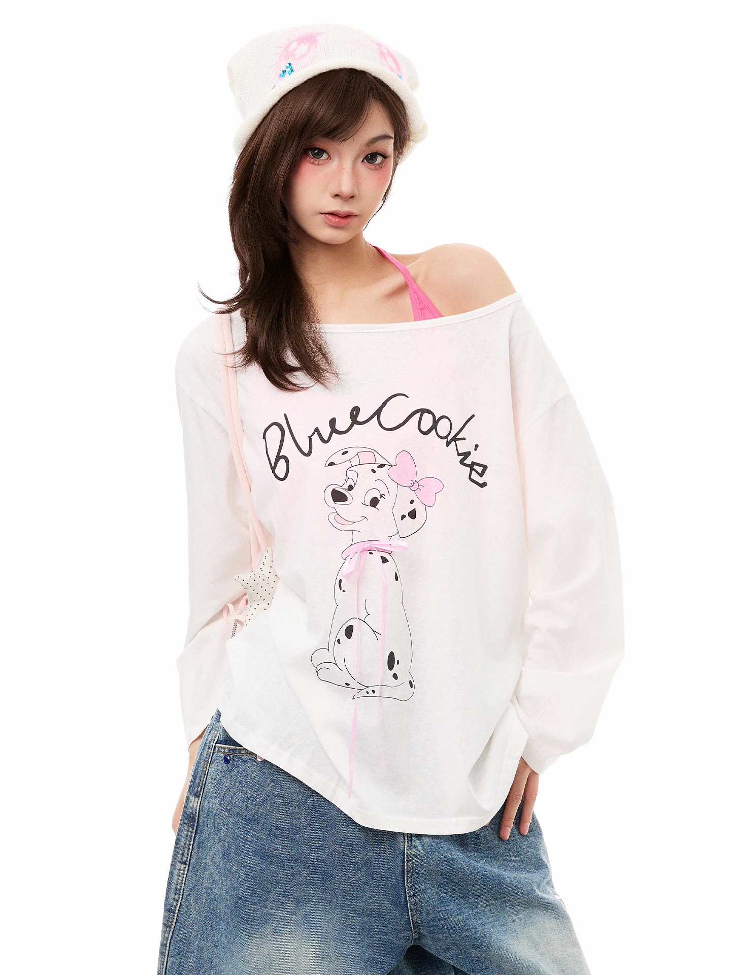 PBB American Style Long Sleeve Spotted Dog Print Cover up Women's Lightweight Translucent Two Piece Set Sun Protection Top
