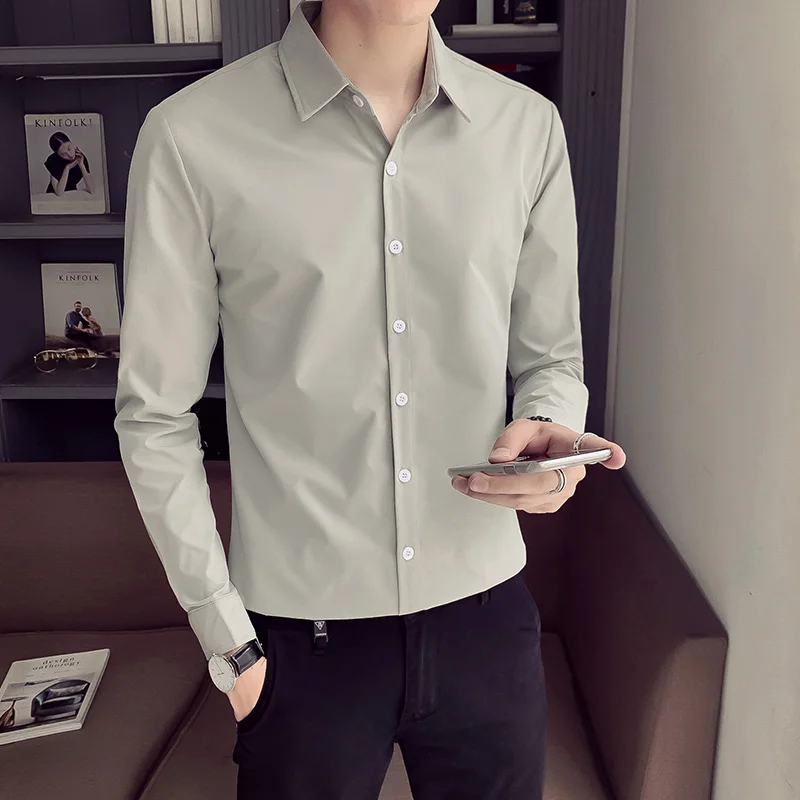 

2023Four seasons of fine men's solid colour a variety of colours handsome trendy loose basic versatile long-sleeved shirt blouse