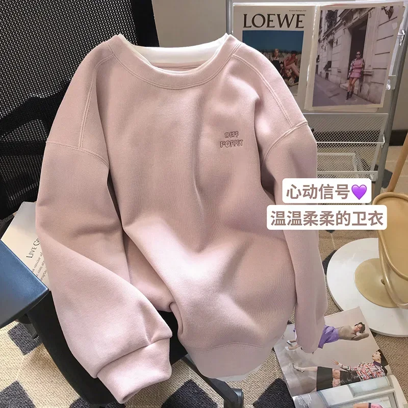 2025 Autumn Winter New Women's Plush Thickened Round Neck Sweater Women's Fake Two Piece Long Sleeve Temperament Y2k Loose Tops