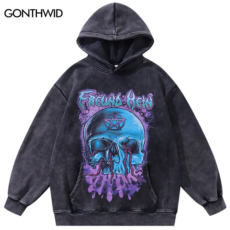 Hip Hop 420GSM Black Hoodie Vintage Skull Skeleton Graphic Print Punk Sweatshirt Streetwewar 2023 Harajuku Loose Hooded Pullover