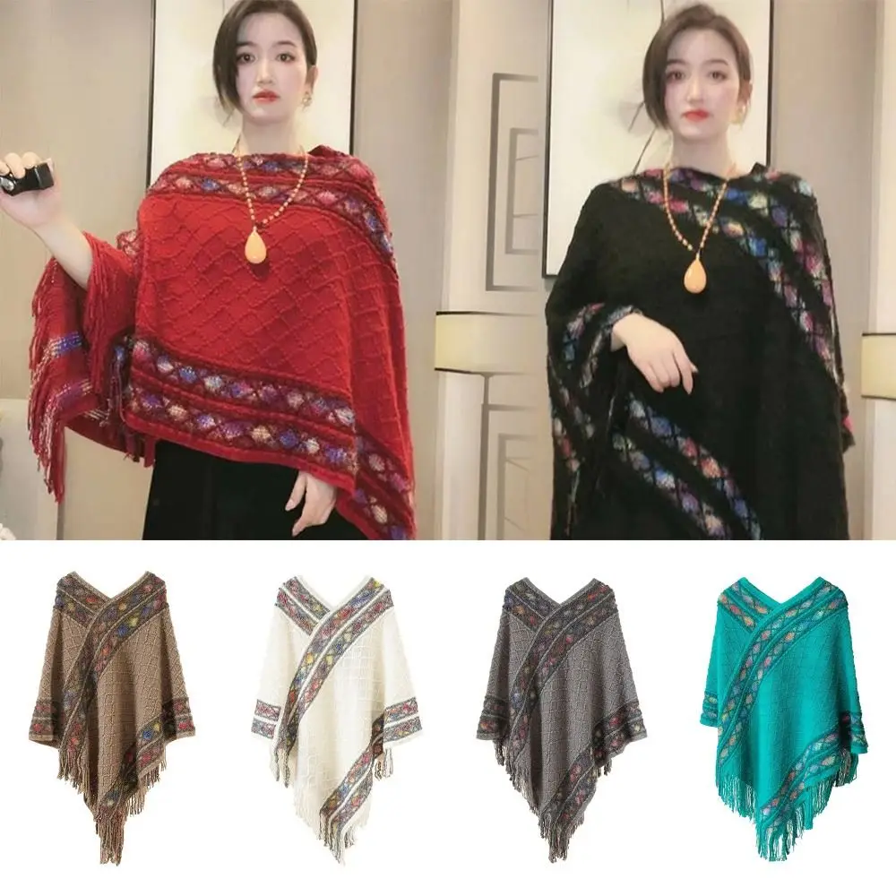 Soft Winter Warm Mongolian Poncho Ethnic Style Imitation Cashmere Rhombic Stripe Tassel Shawl Knitted Cape Women Fashion
