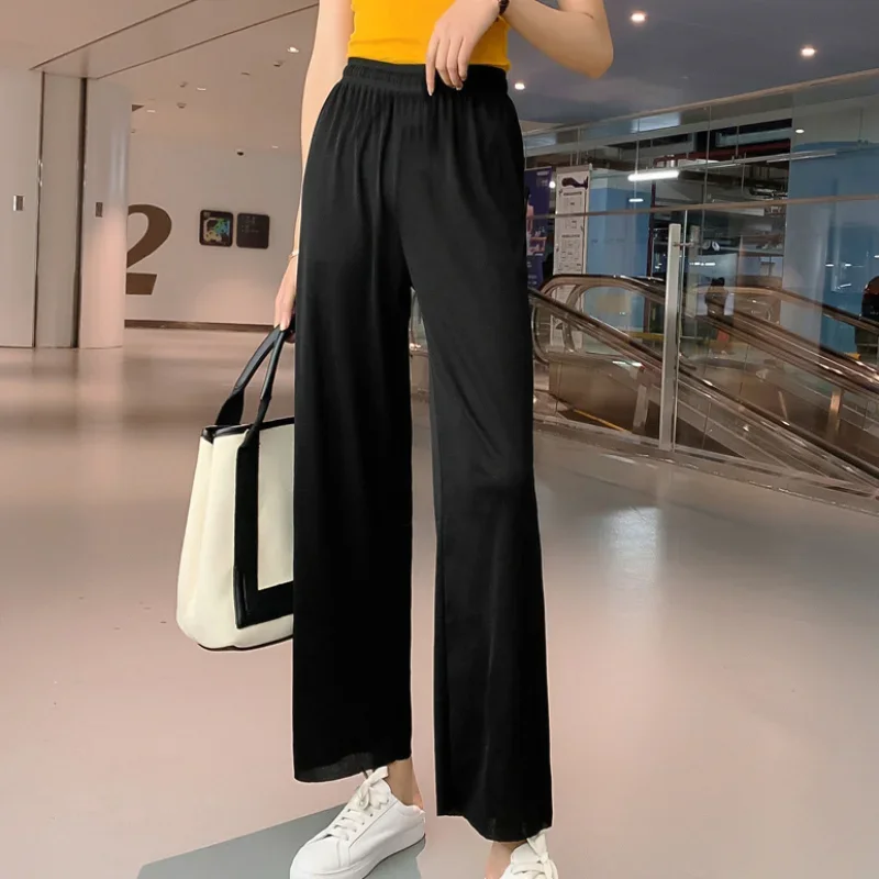 

Knitted Wide-leg Pants Women Spring and Summer High Waist Ice Silk Draped Loose Straight-leg Pants Y2K Casual All-match Trousers