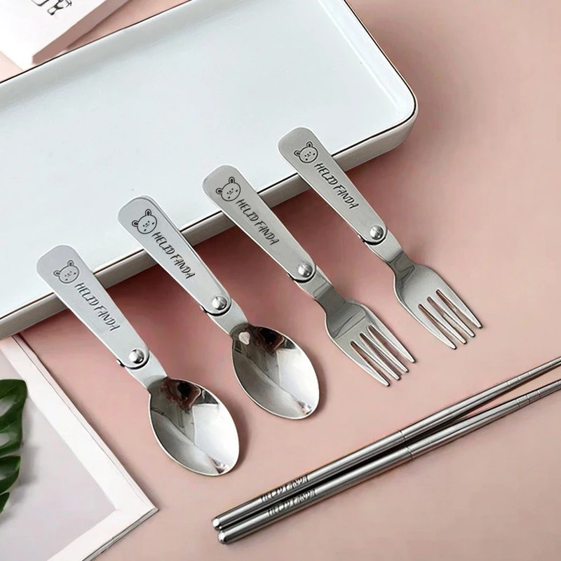 304 الفولاذ المقاوم للصدأ للطي إيري مجموعة قابلة لإعادة الاستخدام المحمولة شوكة ملعقة عيدان أواني الطعام نزهة أدوات المائدة القابلة للطي غسالة صحون آمنة #3