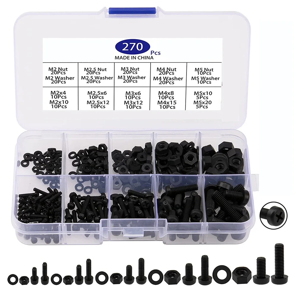 270 Stück metrische M2 M2,5 M3 M4 M5 Nylon Kreuzschlitz-Flachkopfschrauben Mutter Unterlegscheibe Sortiment Kit (schwarz)