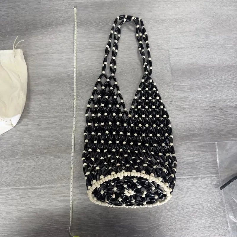 

Handmade Woven Wood Bead Bag for Women Crossbody Bucket Hollow Mesh Design Unique Small Batch Euro US Style