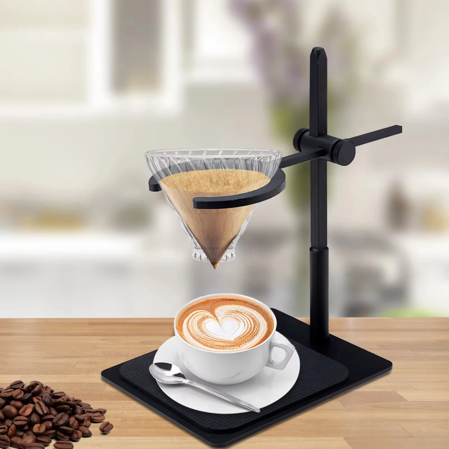 Pour Over  Stand with Vintage Wooden Base Adjustable Height Rack Dripper Filter Holder  Manual Brewing