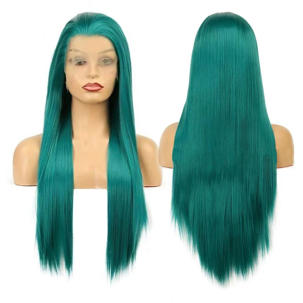 AIMEYA Fashion Long Straight Wig for Women Girls Mint Green Lace Front Wig Heat Resistant Synthetic Hair Light Grey/Blue Wigs