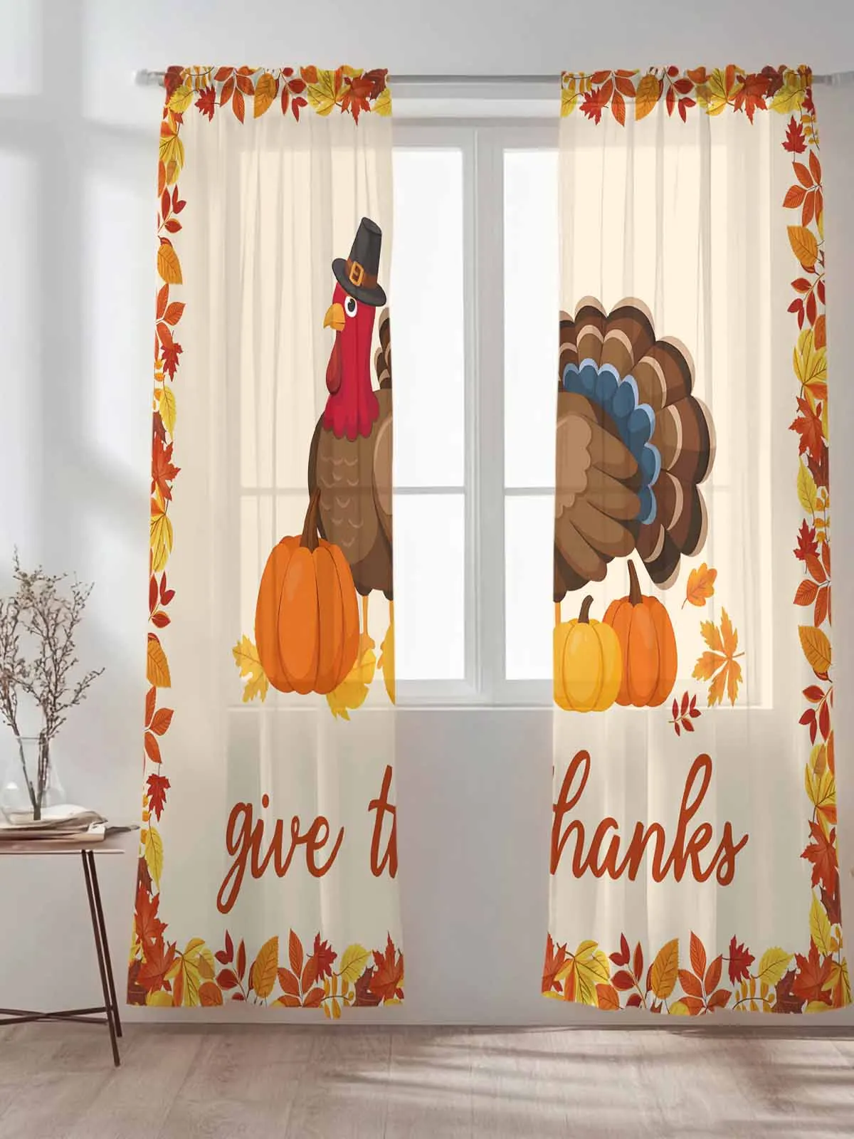 

Harvest Pumpkin Give Thanks Turkey Tulle Sheer Curtains for Living Room Bedroom Kitchen Decoration Voile Organza Curtains