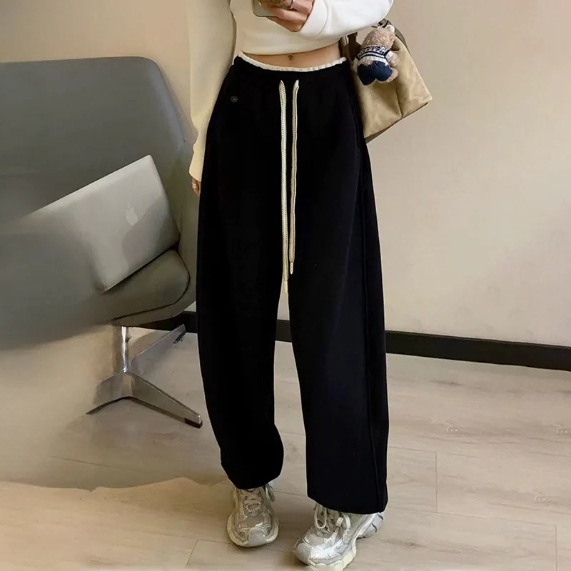 New Fashion High Waist Wide Leg Sweatpants Women Chic Design Contrast Color Sport Pants Autumn Winter Korean Drawstring Trousers