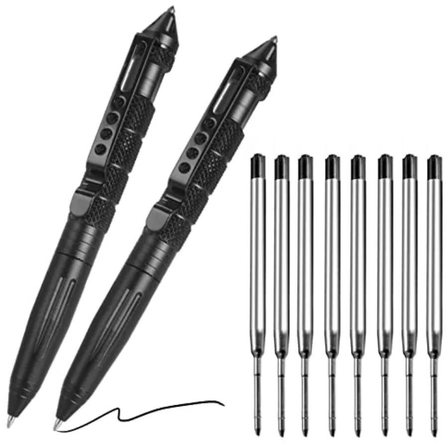 

Tungsten Steel Military Tactical Pen - 2 Pack Emergency Self Defense with 8 Black Ballpoint Refills for Writing, Professional G