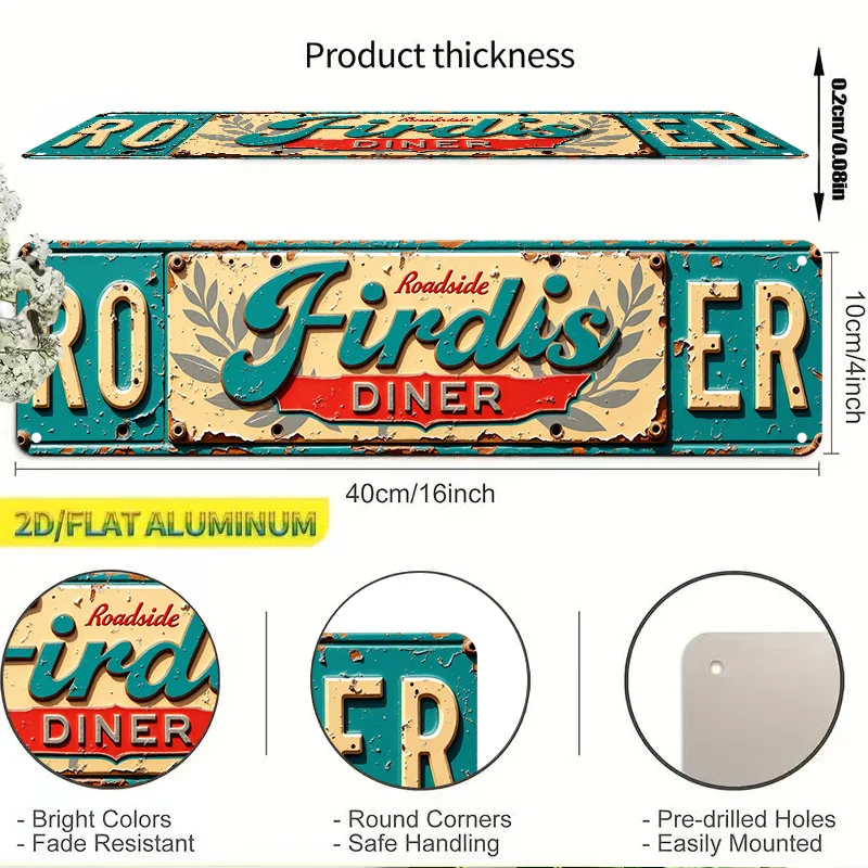 2D Flat, 2D Vintage Design Signboard Rustic Roadside Diner Theme Featuring Decorative Leaf Emblem and Distressed Texture