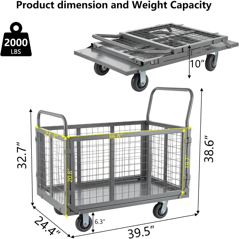 Carrinho de caminhão de plataforma com gaiola, carrinho de plataforma resistente 5 em 1 com gaiola, capacidade de 2000 lbs, carrinho de pressão dobrável, dolly com 5" fundido