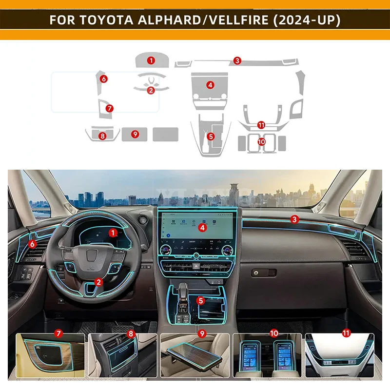

Tpu Interior Film for Toyota Alphard Vellfire 2024 Car Stickers Center Console Screen Dashboard Gear Door Windows Panel Decal