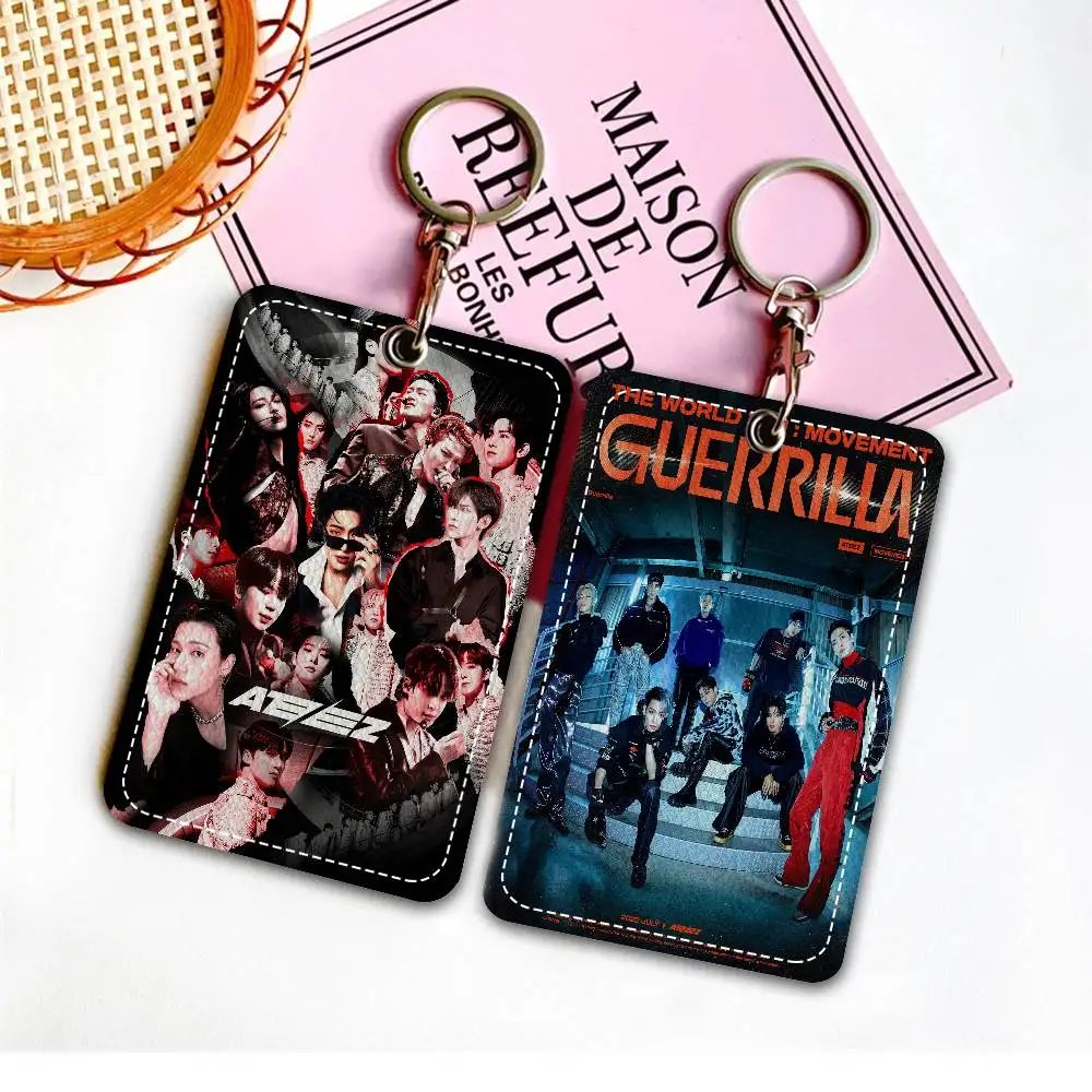 A-ATEEZ KPOP 1Pc PU Leather Card Holder Keychain Key Ring Door Lock Access Tags ID Card Case Keychain Card