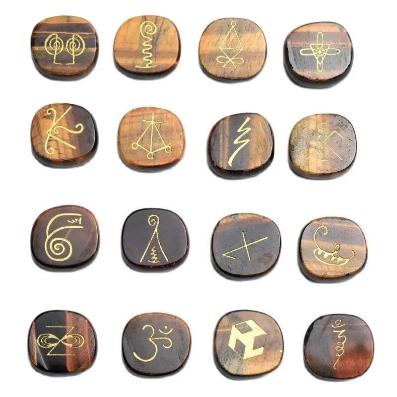16 PIECES Natural Chakra Semi-precious Amethyst Lapis Tiger Eye Stone Crystal Reiki Healing KARUNA Magic Wiccan Amulet Symbols