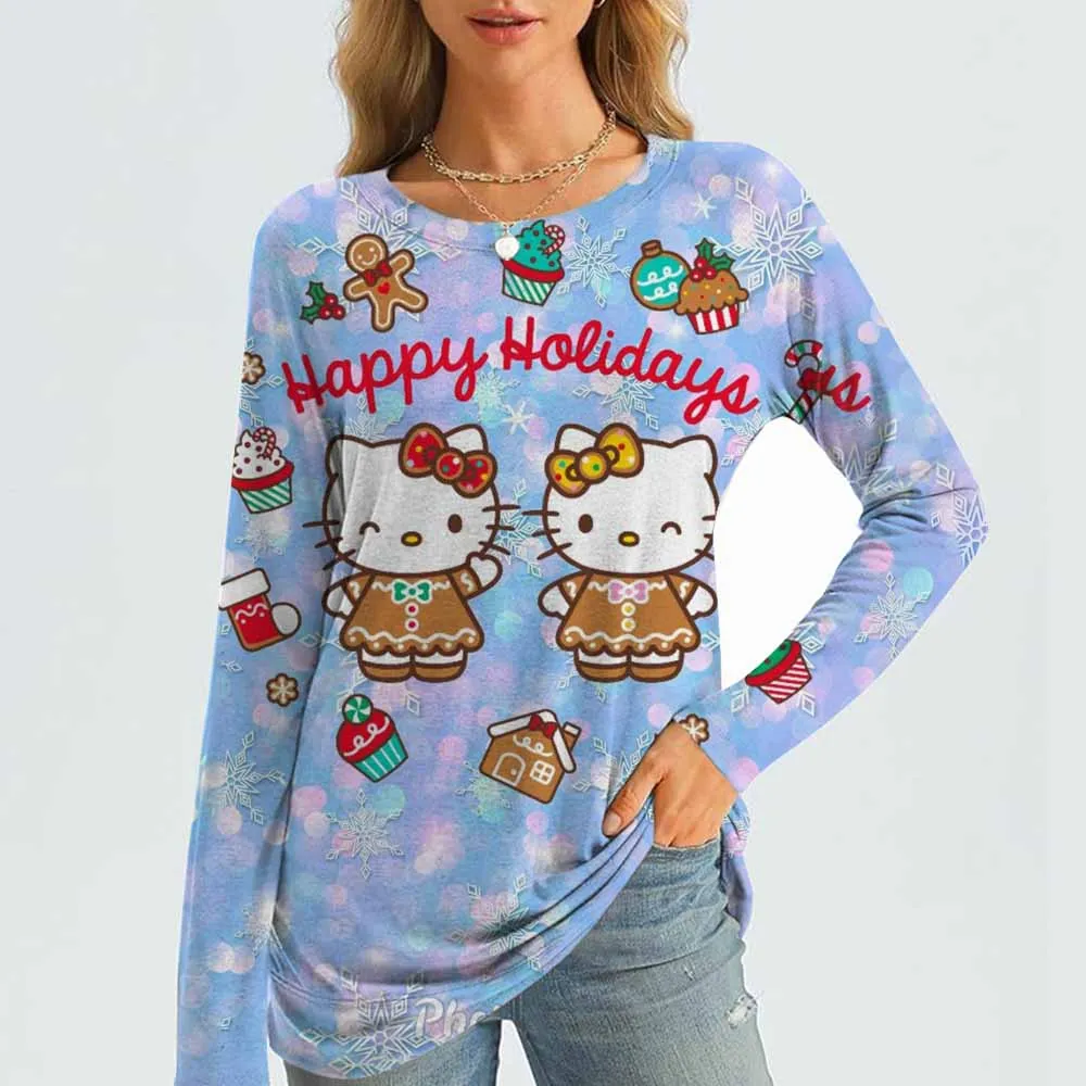 

Женская футболка с 3D принтом Hello Kitty, повседневная, с длинными рукавами и круглым вырезом, обычный топ, повседневный, с принтом Hello Kitty, розовая, весна и