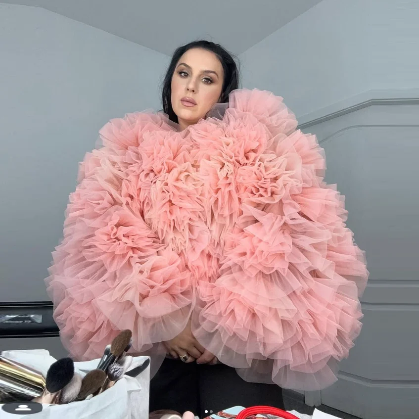 

Fashion Female Top Layered Jacket Tiered Salmon Pink Ruffle Tulle Blouse Women Jacket with Sleeves Tulle