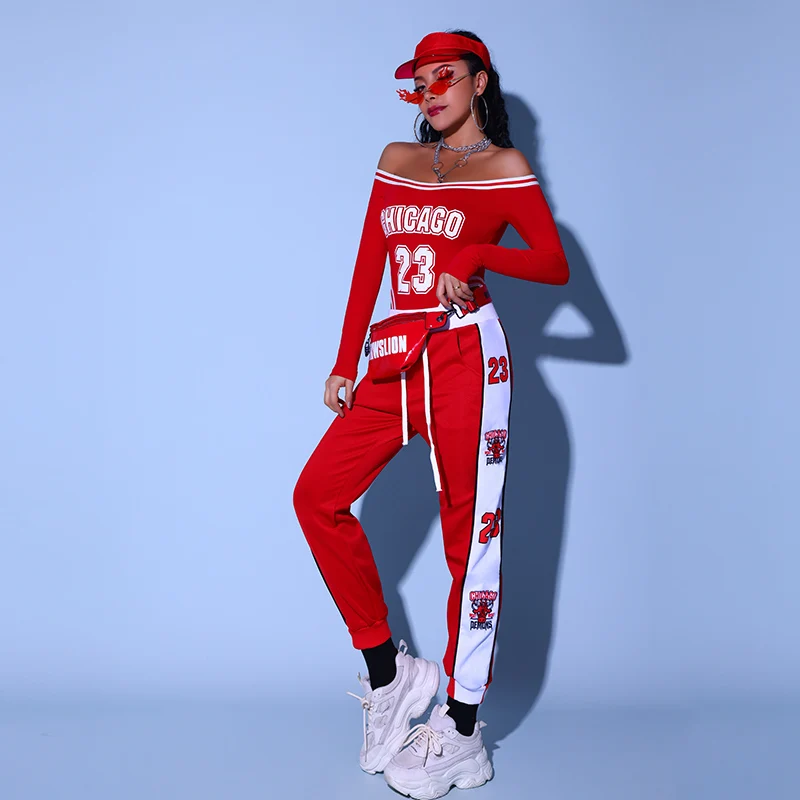 Sexy Long Pants Female Set for Hip Hop Street Dance Performance Korean Group Dance Outfit Red Jazz Dance Costume Women's Ense...