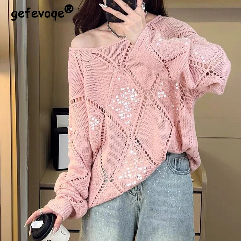 Women Clothing 2024 Spring Fashion Hollow Sequins Chic Knitted Sweater Female Casual Streetwear Long Sleeve Loose Pullover Tops