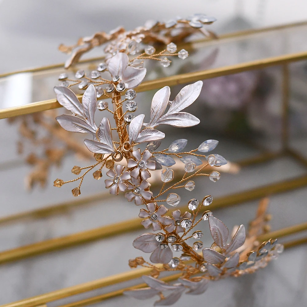 Golden Bride Headdress Glittering Milk Rhinestone Crystal Headbands For Brides Alloy Leaf Flowers Wedding Barrette Hair Hoop