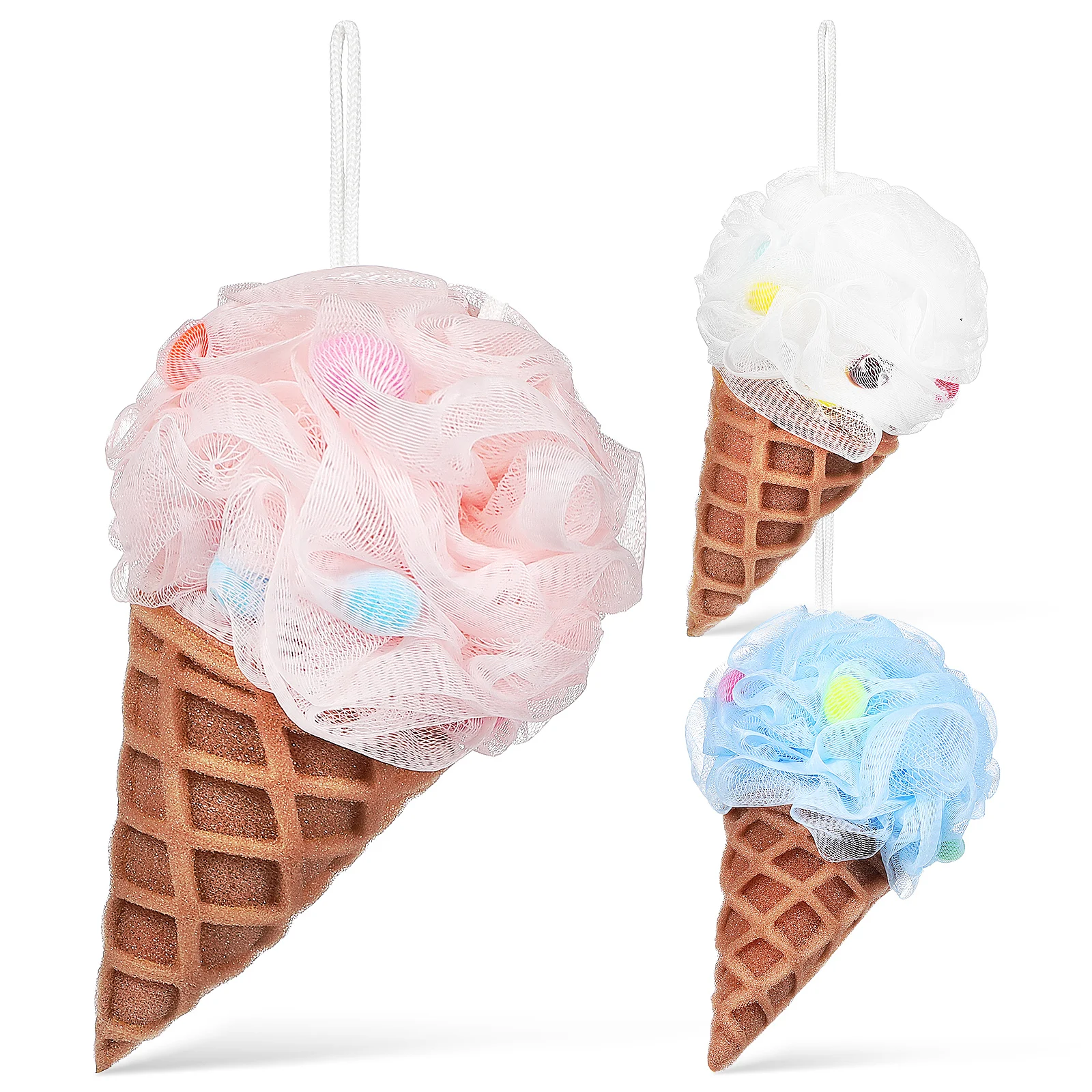 

3 Pcs Ice Cream Bath Ball Kids Loofah Sponge Cartoon Design Soft Comfortable Rich Foam Hanging Rope Body Scrubber Travel Bath