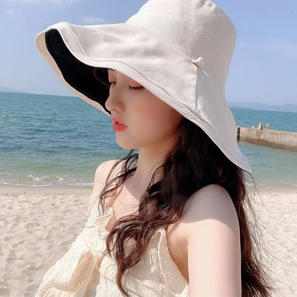 

Broad-edged Double-sided Wear Fisherman's Hat Versatile Foldable Bucket Hat Removable Windproof Rope Soft Women Sun Cap Beach