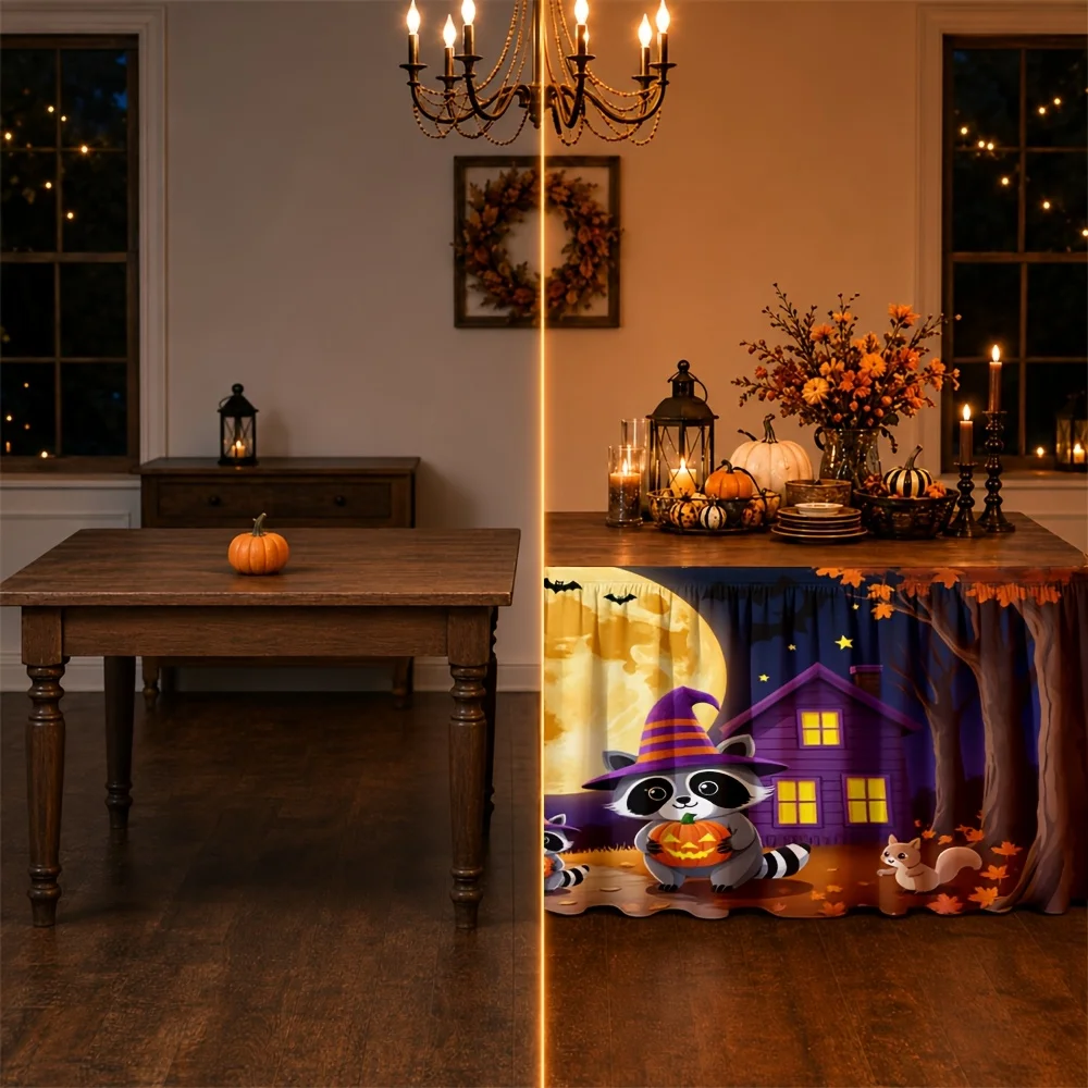 Table skirt / tableskirt Halloween theme: pumpkin, magic hat, raccoon, ghost, full moonzyc