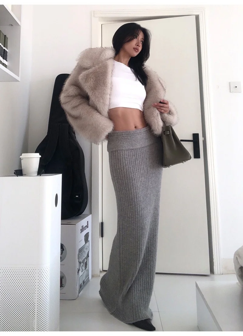 Women Fashion Faux Fur Jacket Vintage Turn-Down Collar Long Sleeve Coat Autumn Winter Woman Elegant Streetwear