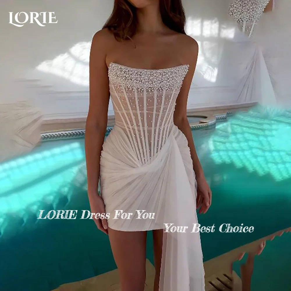 LORIE Sexy Short Wedding Dresses Pleats Strapless Pearls Bride Gowns Customized Corset Princess Bridal Gown vestidos de novia image 2