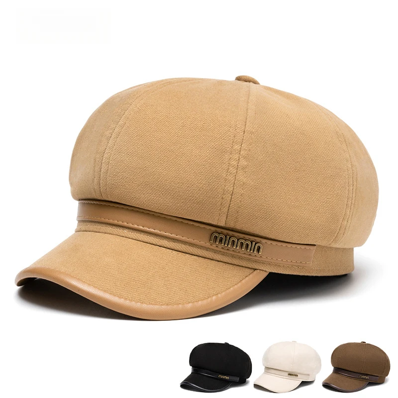 Women's Fall Winter Newsboy Cap Polyester Solid Color Painter Style with Curved Brim 58-59cm Eight Panel Hat for Stylish