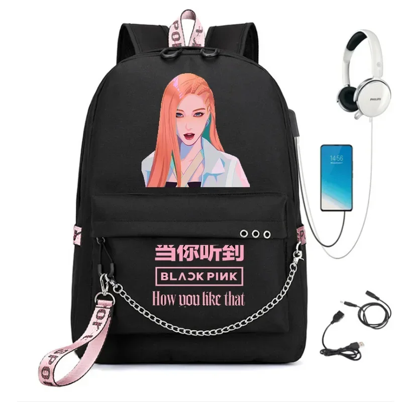 Mode Schwarz Rucksäcke Rosa Mädchen Schule Reisetaschen Laptop Kette Rucksack Kopfhörer USB Port CMM1401