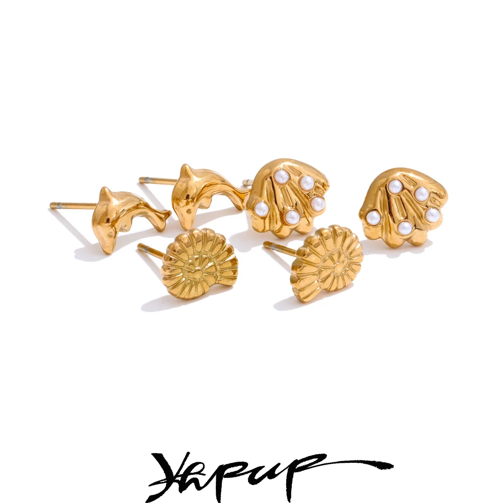 Yhpup Ocean Style Shell Conch Dolphin Stud Earrings One Set Ear Stacking Gold Color Summer Stainless Steel Studs Jewelry