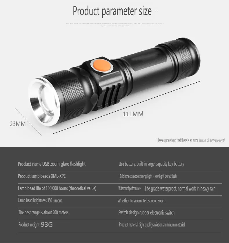 YS00057- Aluminum alloy LED flashlight outdoor portable night fishing strong light flashlight USB charging handheld flashlight