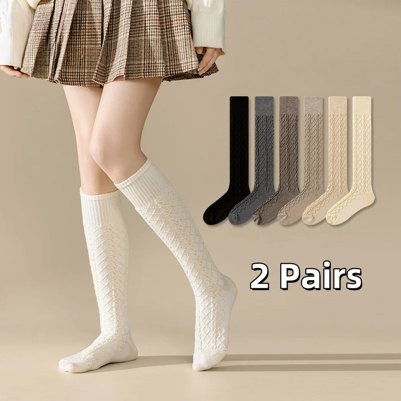 2 pares de calcetines de mujer, calcetines de lana Crus para mujer, calentadores de piernas de botas de punto cálidos, medias de mujer, calcetines largos acogedores hasta el muslo de algodón