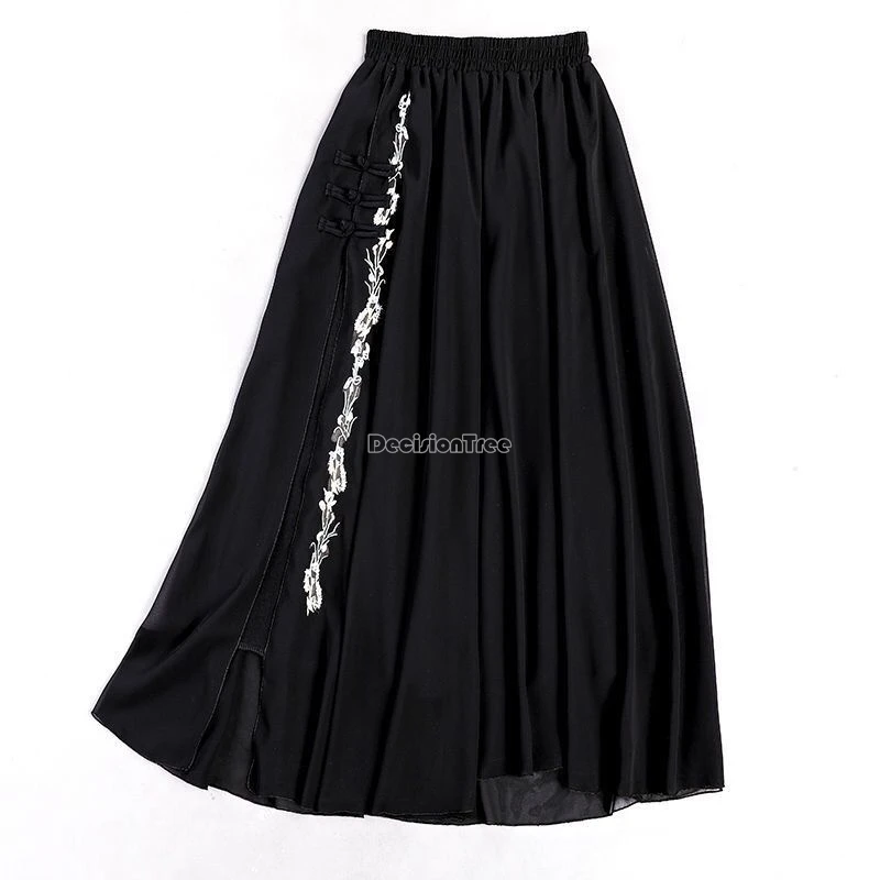 2024 new chinese national style skirt summer embroidery flower tray button chiffon vintage mid-length elastic waist skirt w918