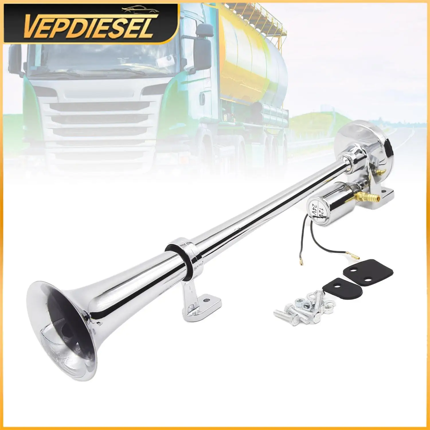 Car Air Horn Trumpet Chrome Plated Loud Sound 12V/24V Compressor 135DB Car Horn Speaker for Truck Boat Train Lorry Motorcycle