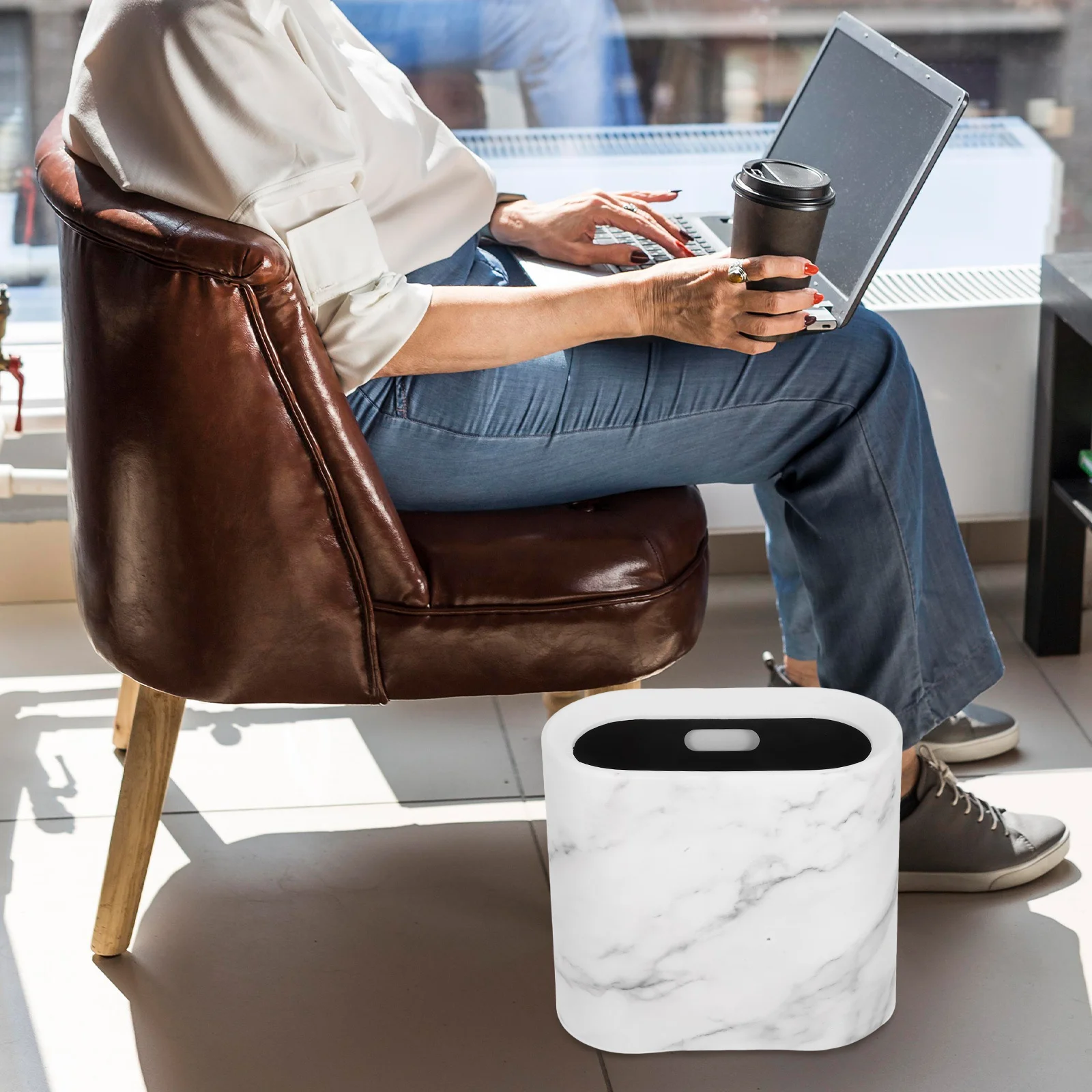 

Marble Narrow Garbage Bin Stylish Compact Design for Home Bathroom Office Wastebasket Marble Bathroom Trash Can