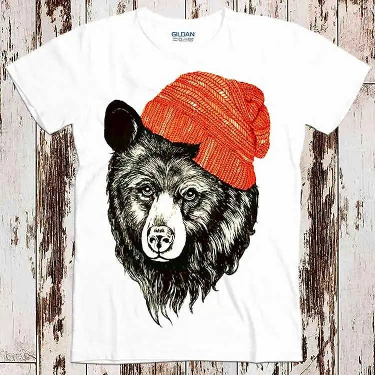 Bear with Beanie Red Hat Animal Jungle Best Seller T Shirt Music Retro Top Cool 8494