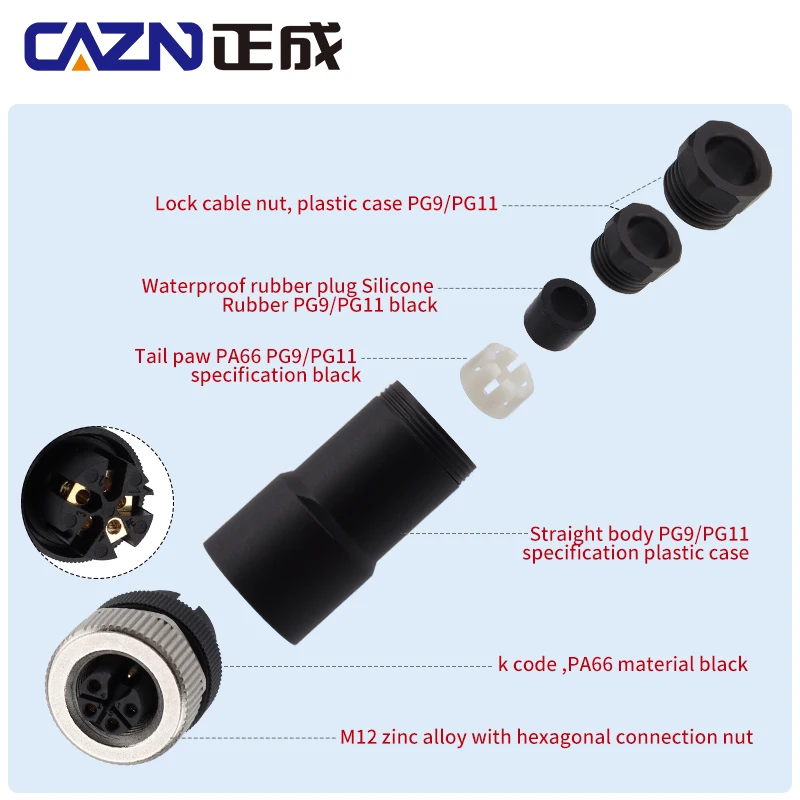 

Hot sales M12 Plastic Straight Angled Assembled Connectors M12 K Code Type Male Female PG9 PG11 Metal Connectors