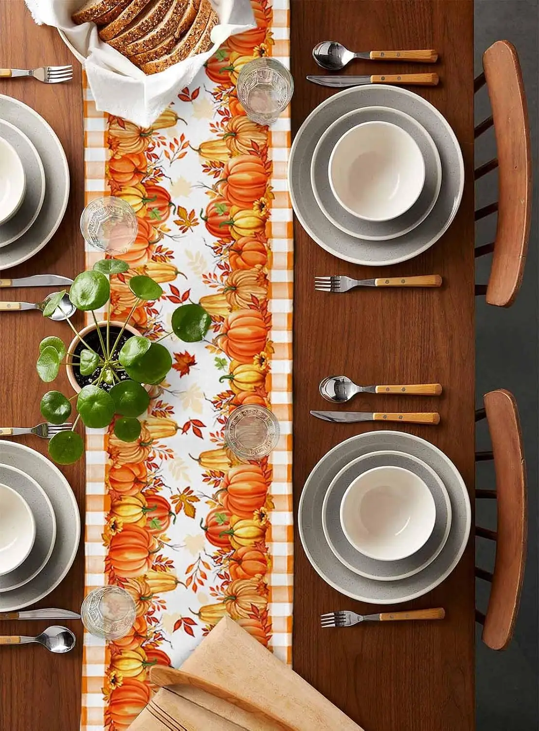 Fall Pumpkins Orange Plaid Linen Table Runner Dresser Scarves Decor Autumn Harvest Kitchen Table Runner Thanksgiving Decorations