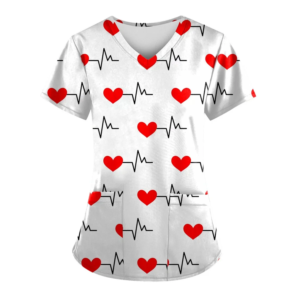 Tops Women Scrub Nurse Print Short Sleeve Cartoon V-Neck Tops Working T-Shirts Heart Print Healthcare Tunic Carers Workwear Tops