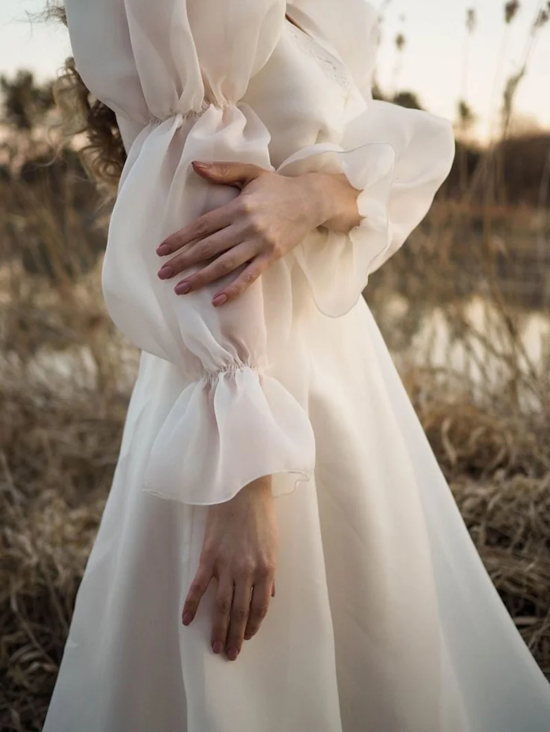 Lsyx-vestido de novia de Organza con cuello en V para mujer, traje de boda bohemio de línea A, manga larga abullonada, longitud hasta el suelo, Playa